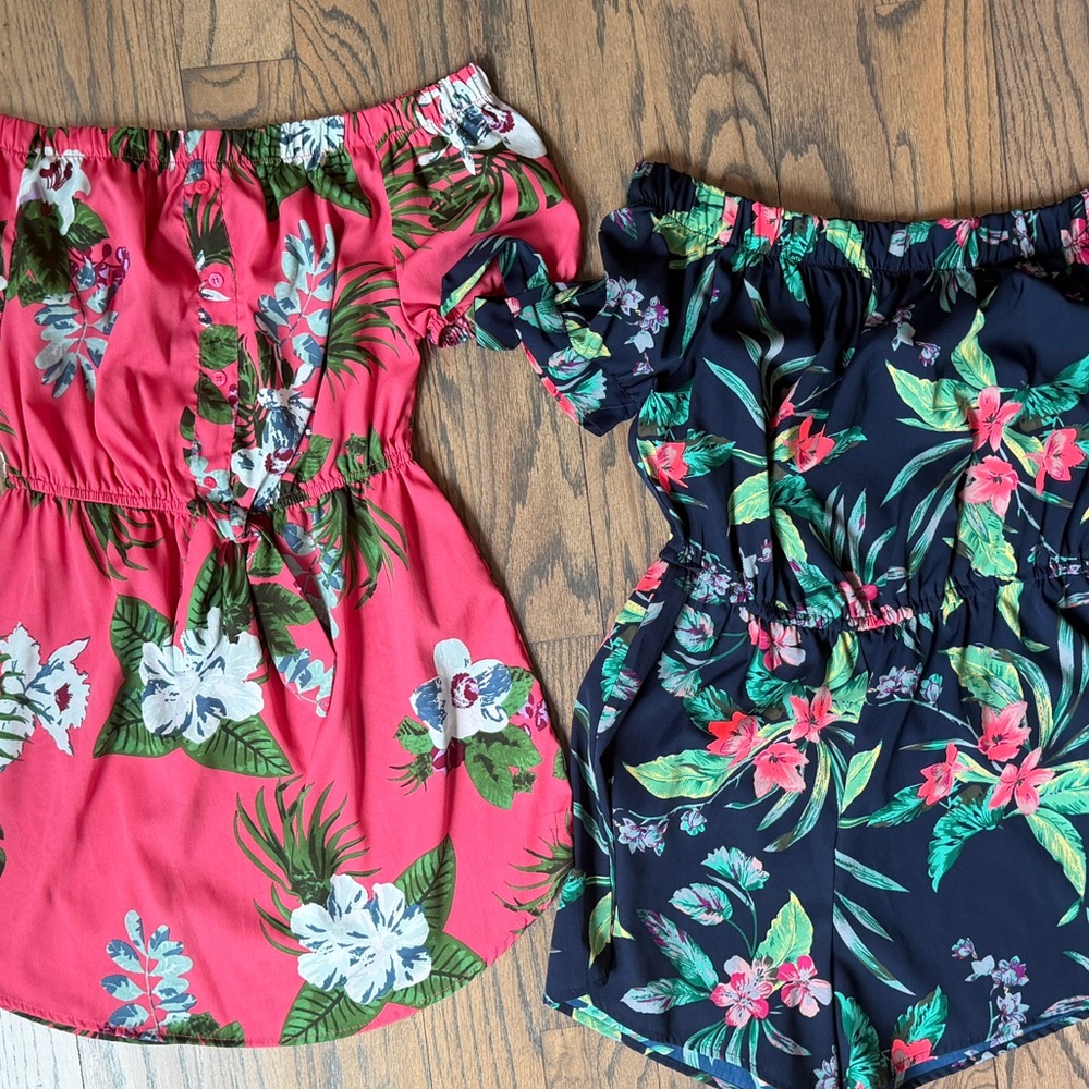 2 for 1 Deal! Floral Off-Shoulder Romper - Navy / Pink & Pink Dress